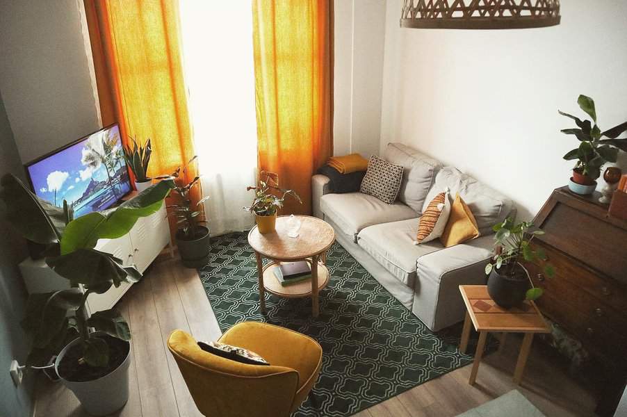 Small living room with a gray sofa, yellow chair, and green rug, potted plants and a TV are placed near bright orange curtains