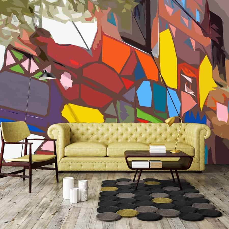 Stylish room with abstract colorful wall art, yellow tufted sofa, modern coffee table, and circular-patterned rug on wooden floor