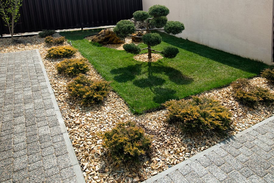 Landscaped yard with gravel and bonsai
