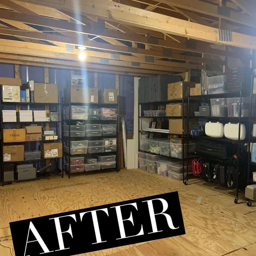 Organized attic with labeled bins, boxes, and metal shelves, maximizing storage space in a clean and structured layout.