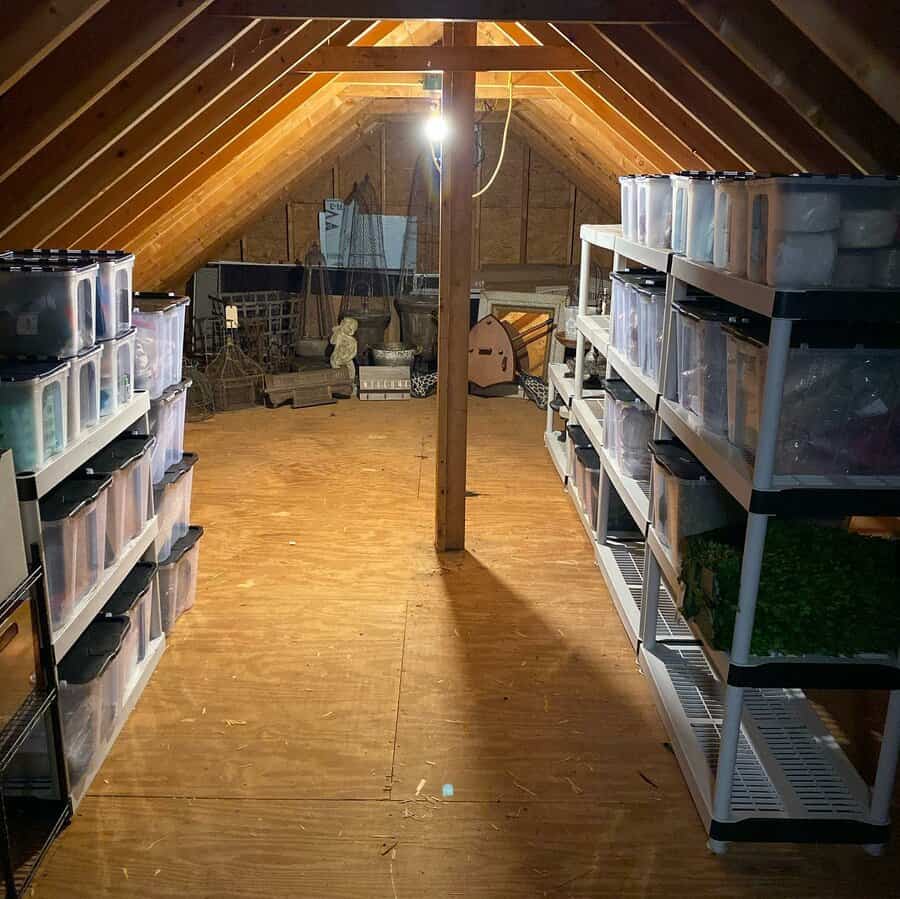 Attic storage with clear plastic bins neatly arranged on shelves, maximizing space in a well-organized and clutter-free layout.