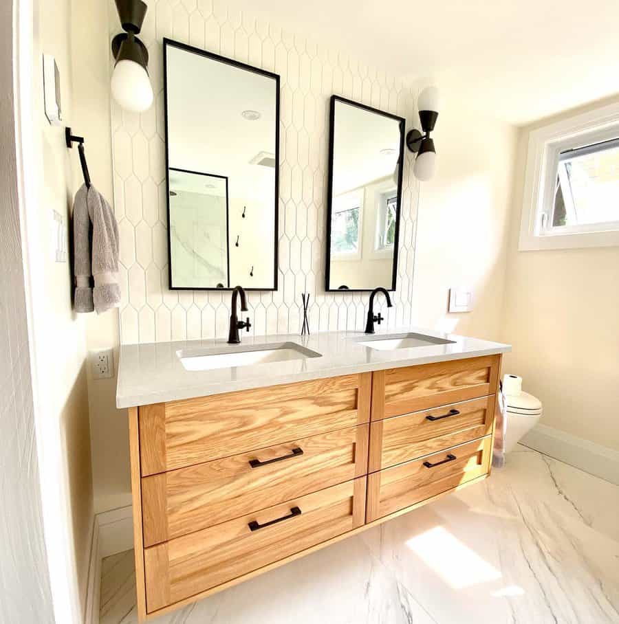 bathroom sink with black fixtures