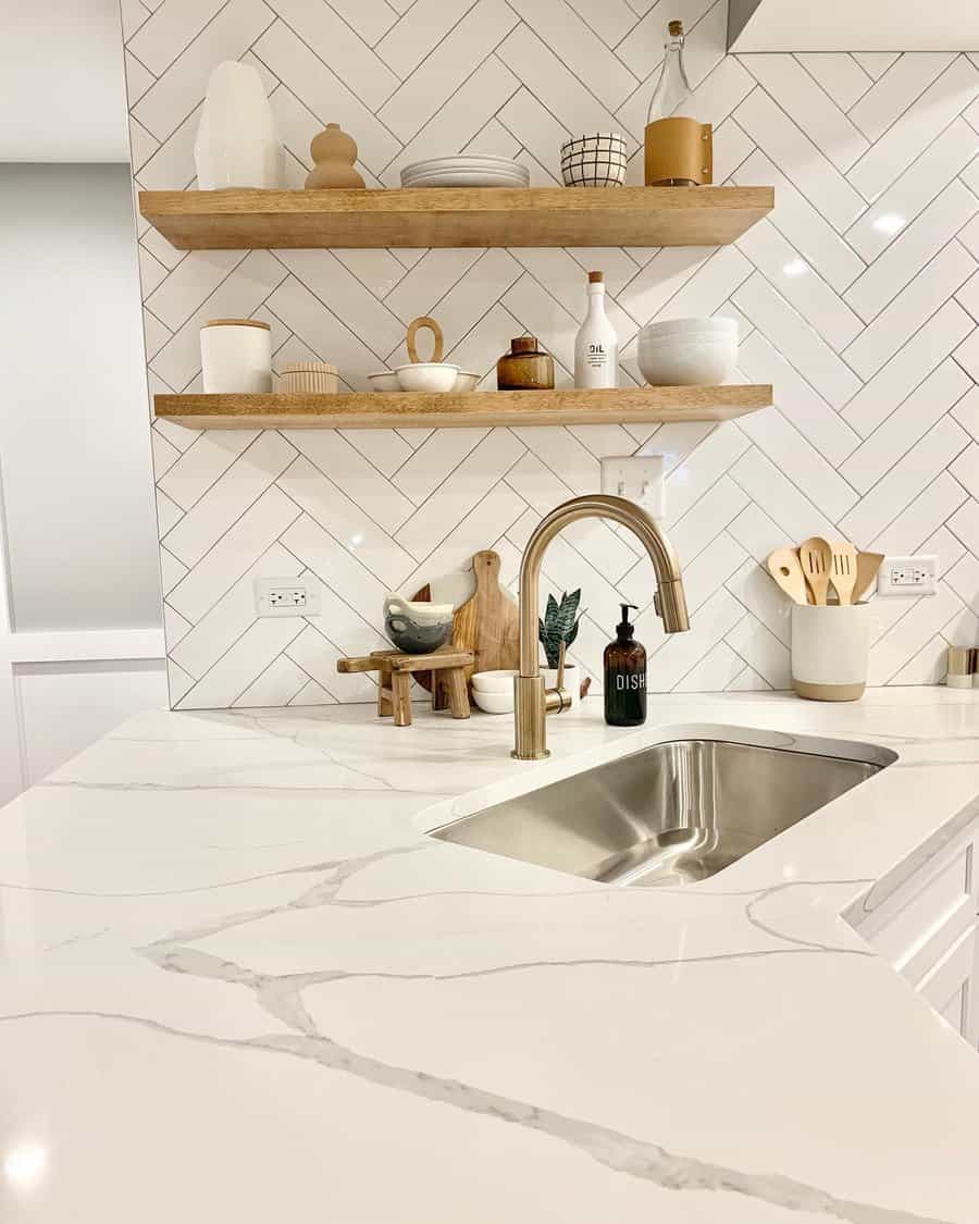white kitchen with white beveled tiles
