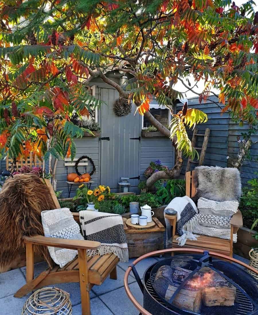 Cozy outdoor seating area with wooden chairs, blankets, and a fire pit under a tree with autumn leaves, near a garden shed