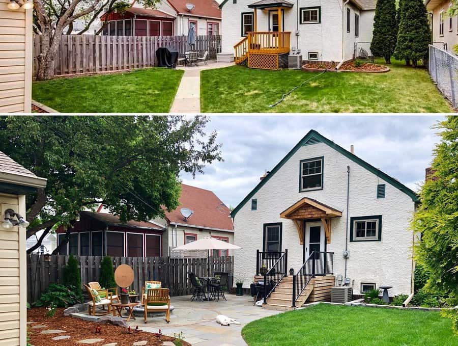 Top: Backyard with grass, small deck, and fence Bottom: Same yard transformed with patio, seating, greenery, and garden decor