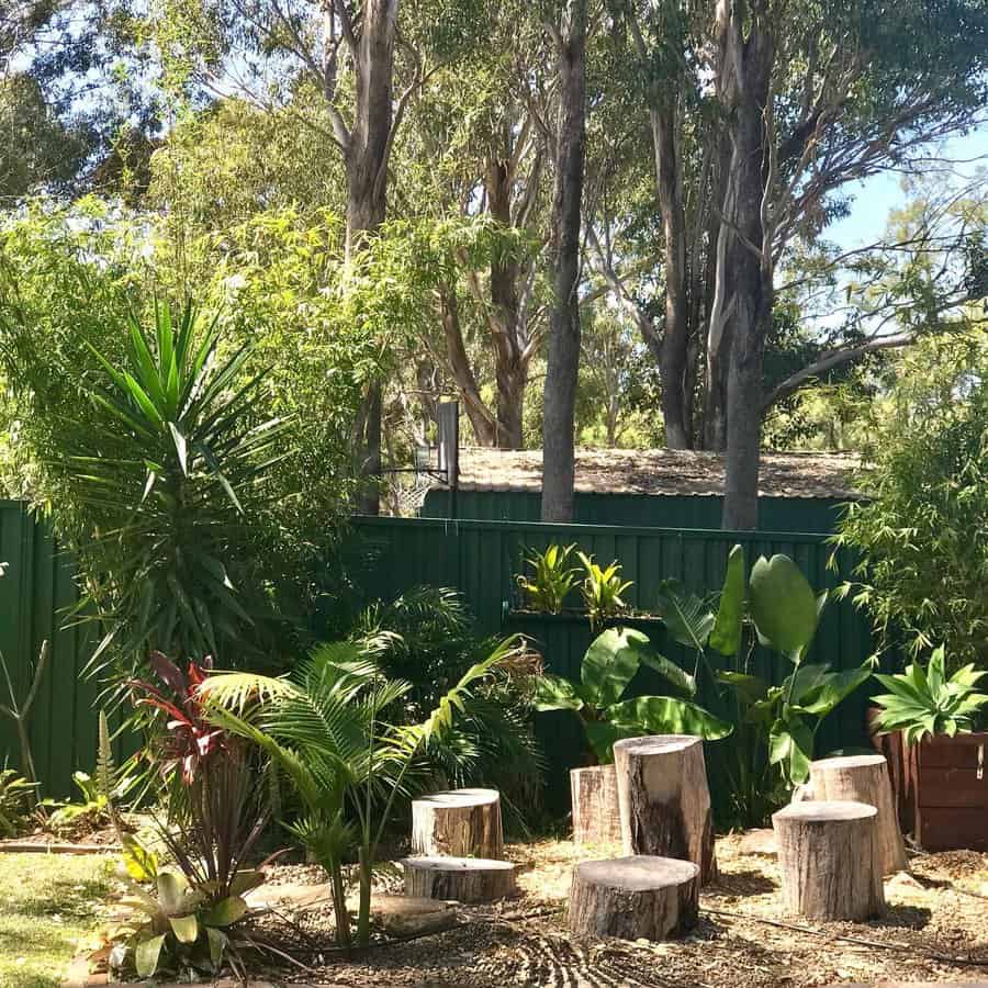backyard fence with tropical plants 