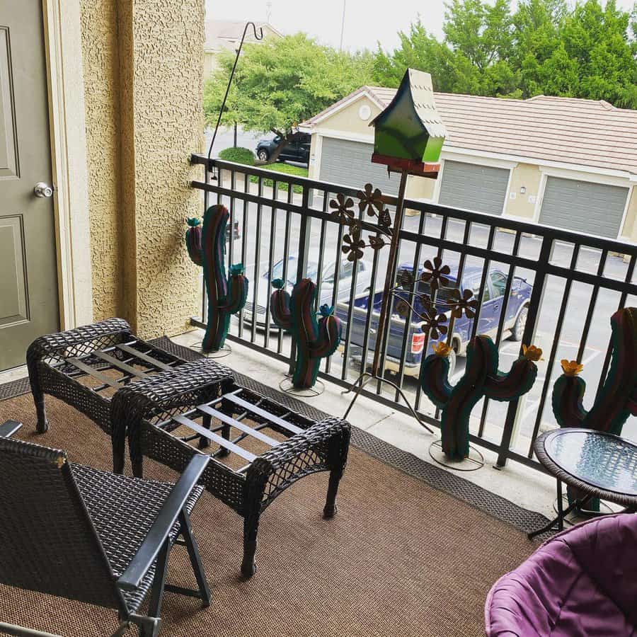 apartment patio with wicker furniture