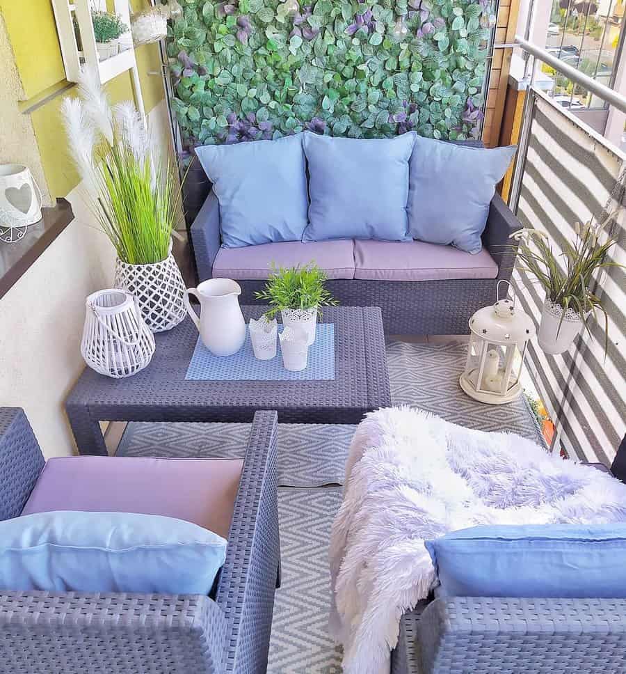 apartment patio with wicker furniture