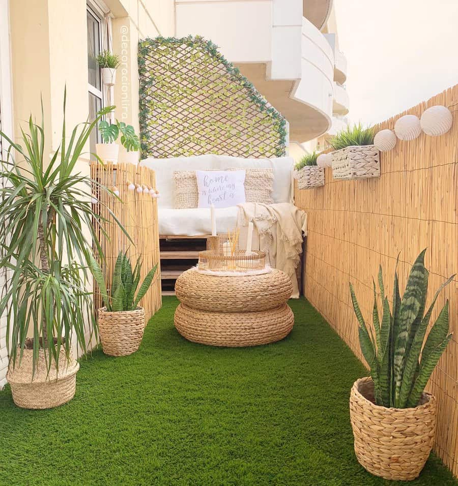 Planters hanging on a reed privacy screen