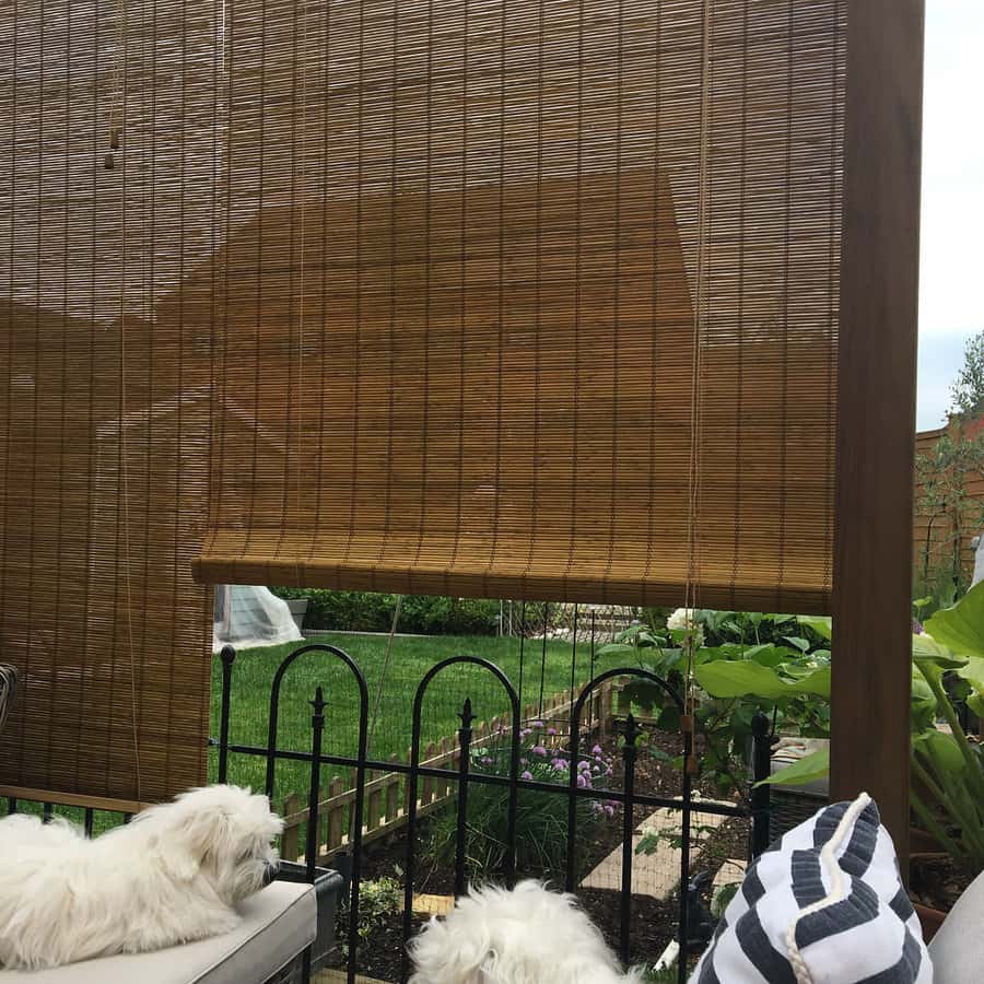 Cozy patio with rolled-down bamboo shades for privacy and sun protection, featuring a cushioned bench and two small white dogs relaxing