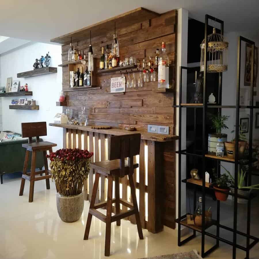 Cozy home bar with wooden accents and bar stools