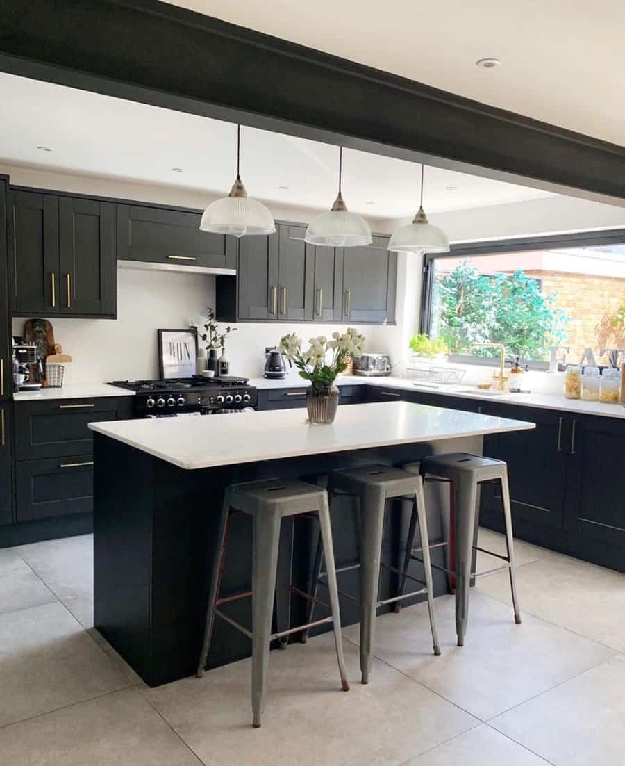 Chic kitchen with grey stools and glass pendants