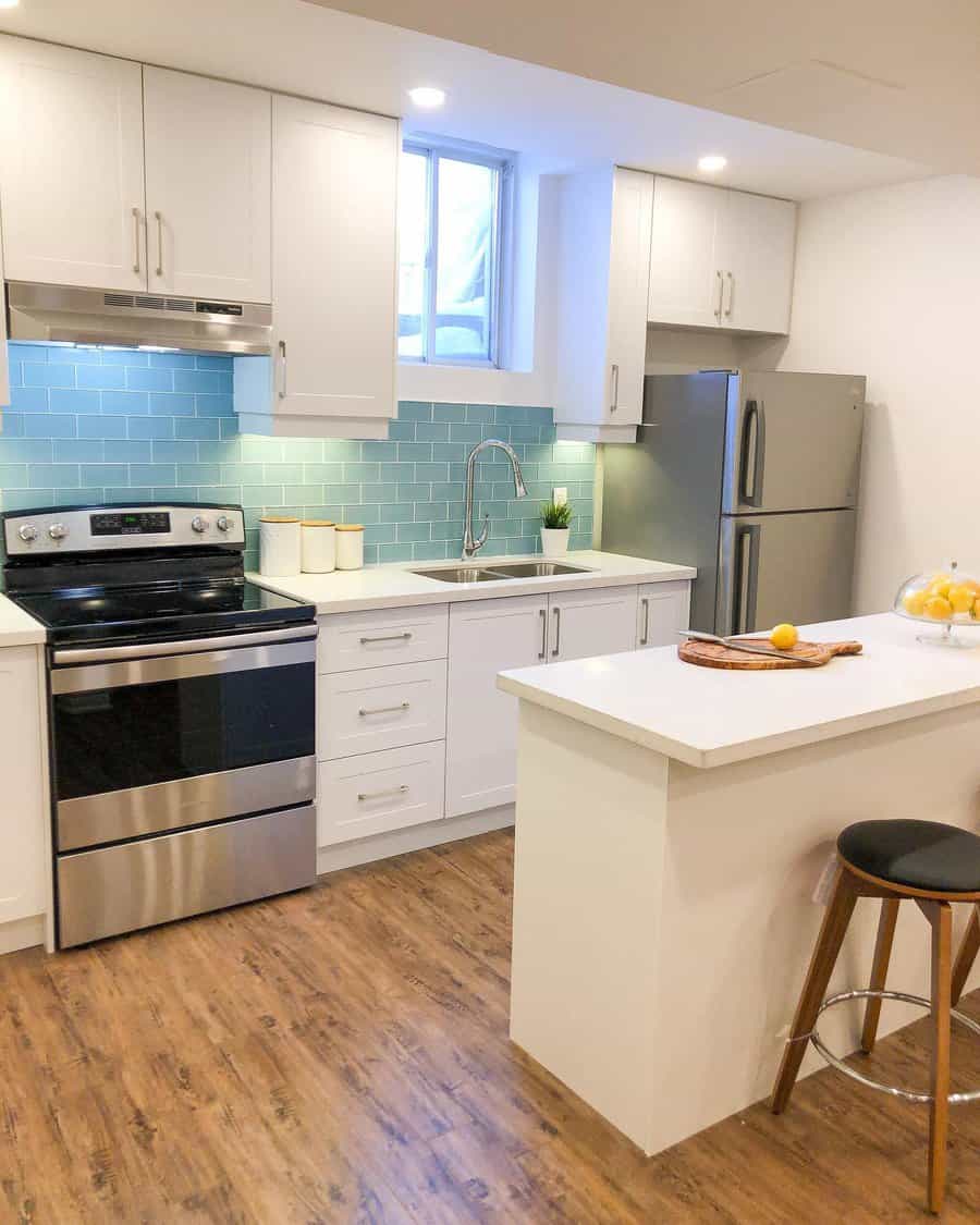 apartment kitchen with beveled tiles