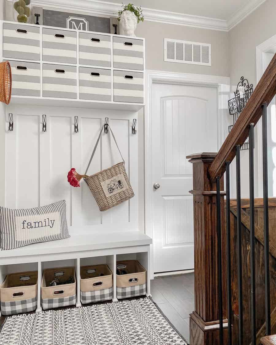 Mudroom storage baskets and crates