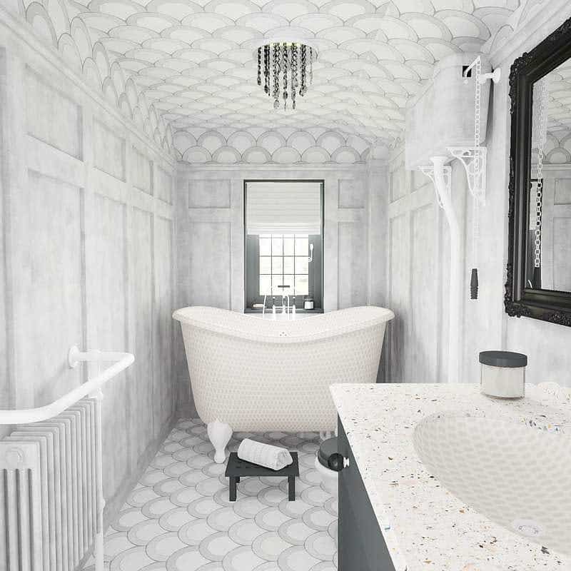 Elegant bathroom with a scalloped ceiling, clawfoot bathtub, and chandelier, creating a luxurious and cohesive monochromatic design.