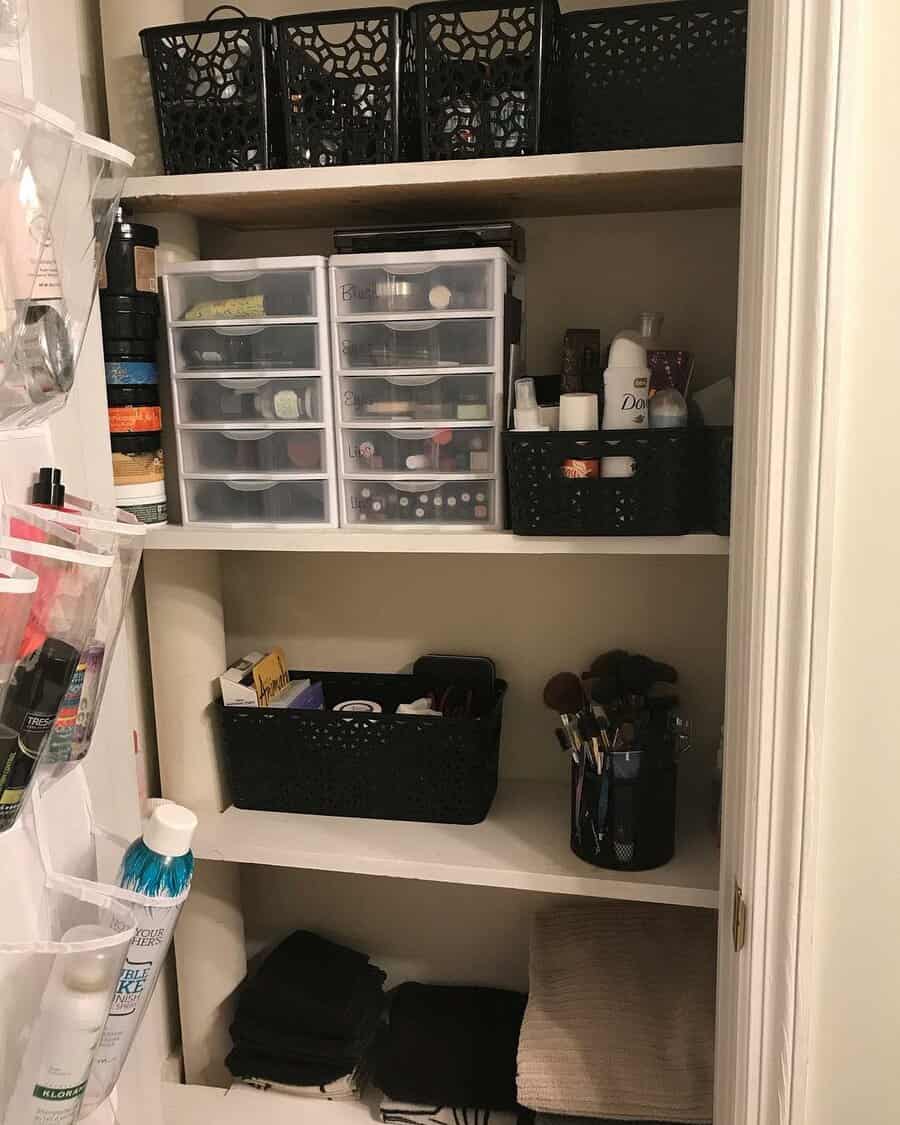 Bathroom closet with baskets