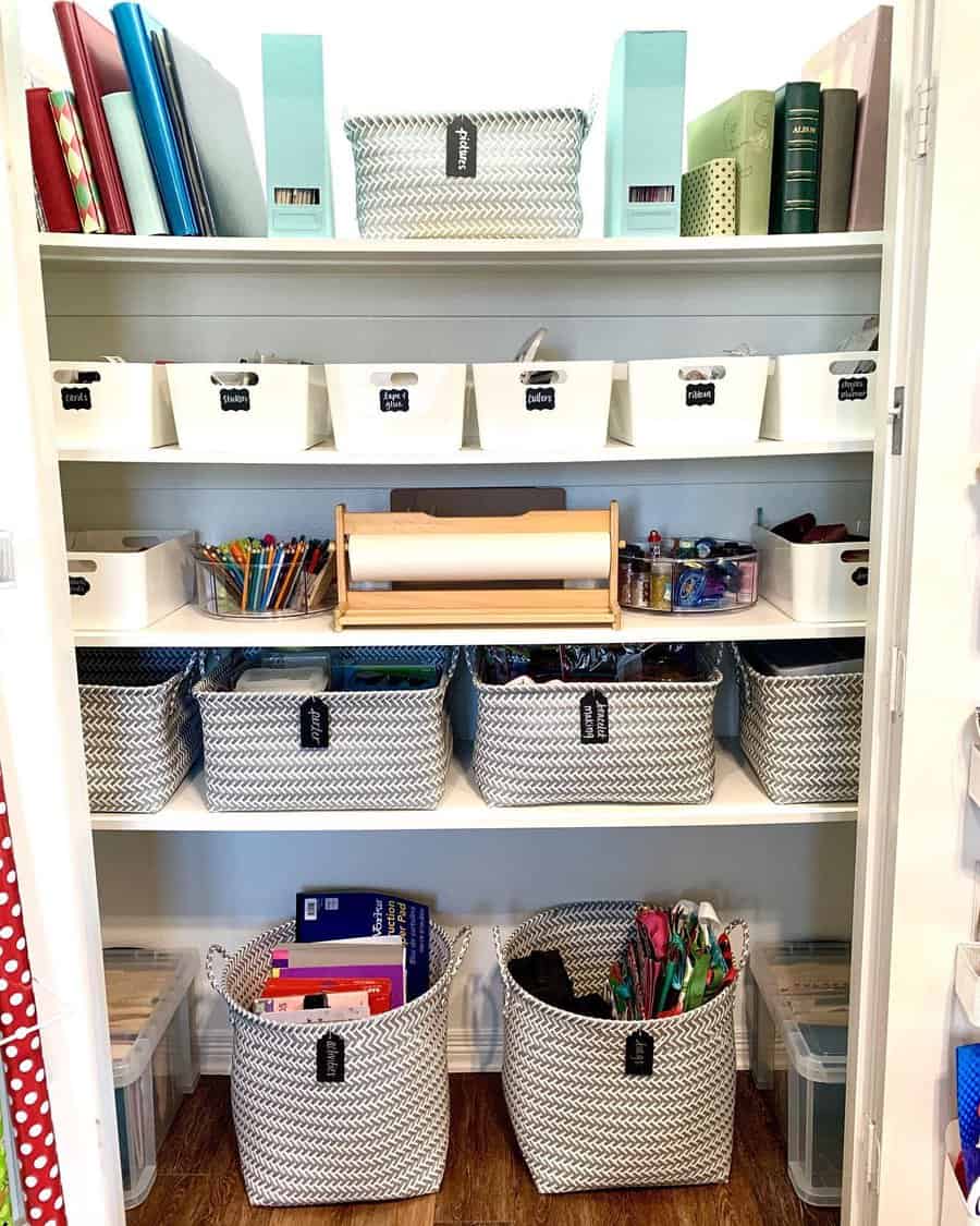 Bathroom closet with baskets