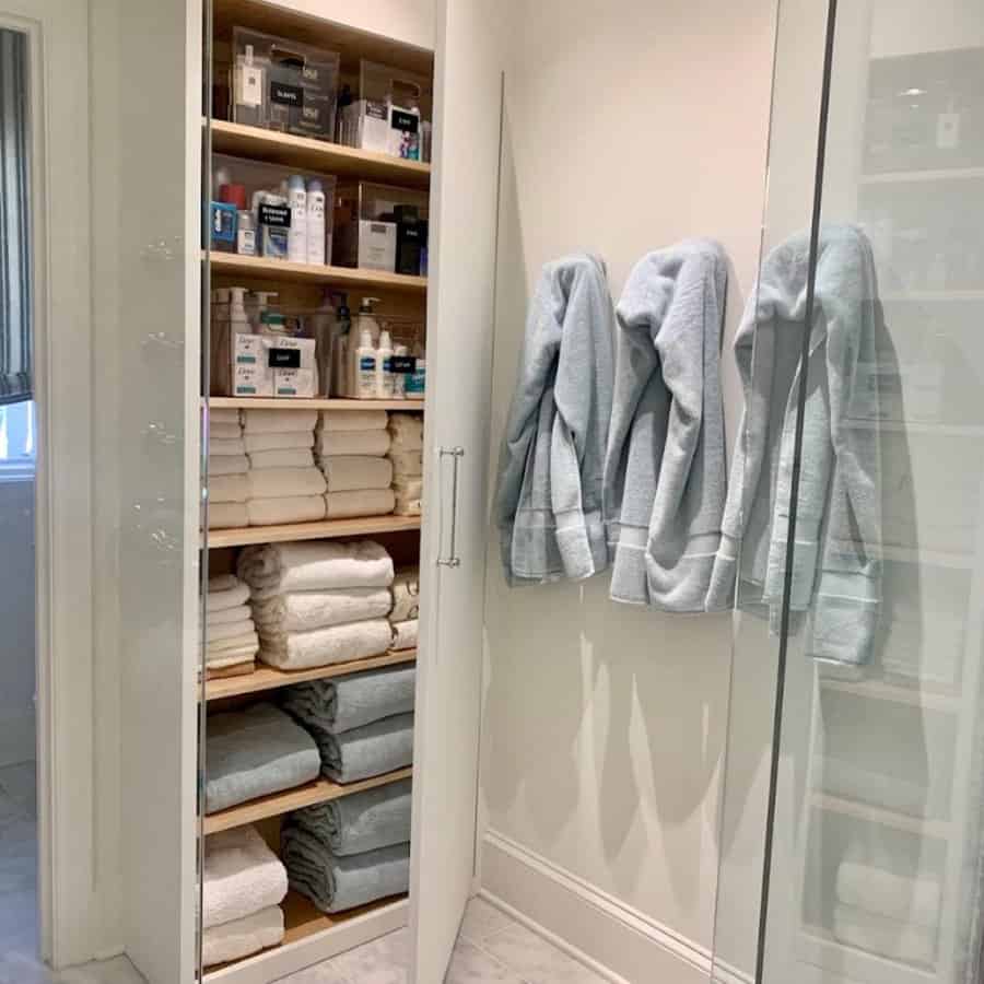 Bathroom closet with bins