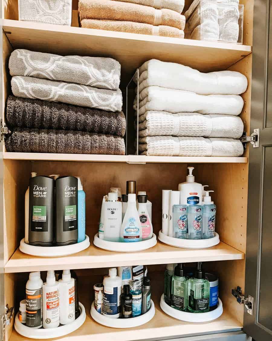 Bathroom closet with bins