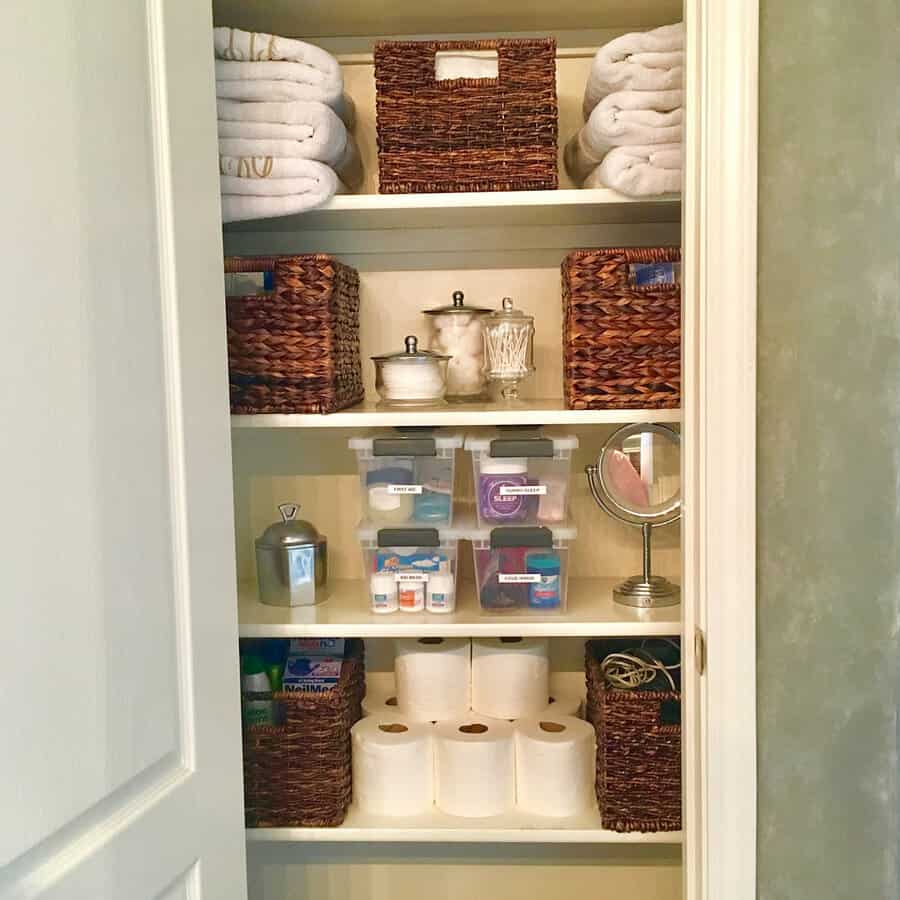 Bathroom closet with baskets