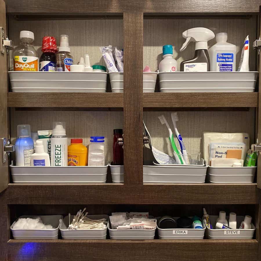 Organized medicine cabinet with labeled toiletries