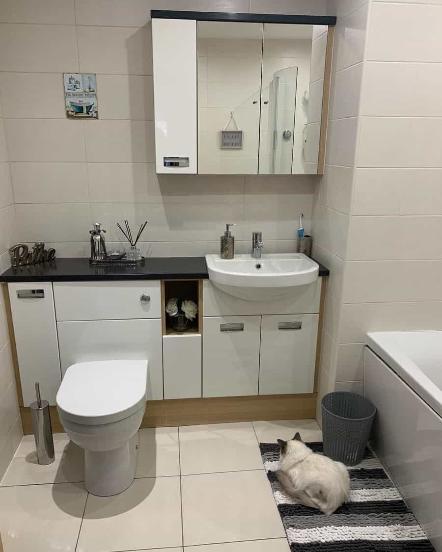 Fitted bathroom furniture with toilet and tap