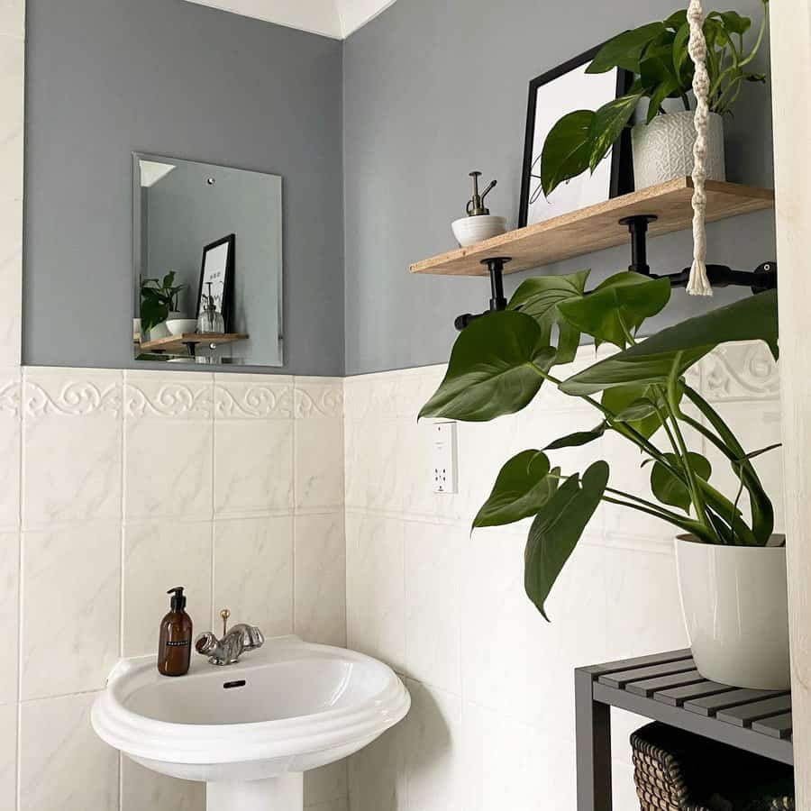 Floating bathroom wall shelf wIth plants and mirror