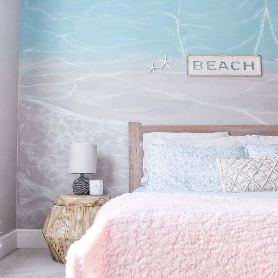 beach inspired bedroom with wallpapper