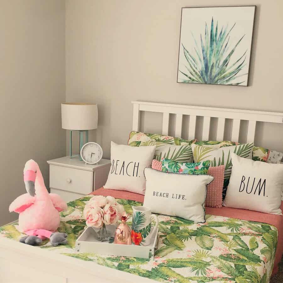 beach inspired bedroom with floral sheets