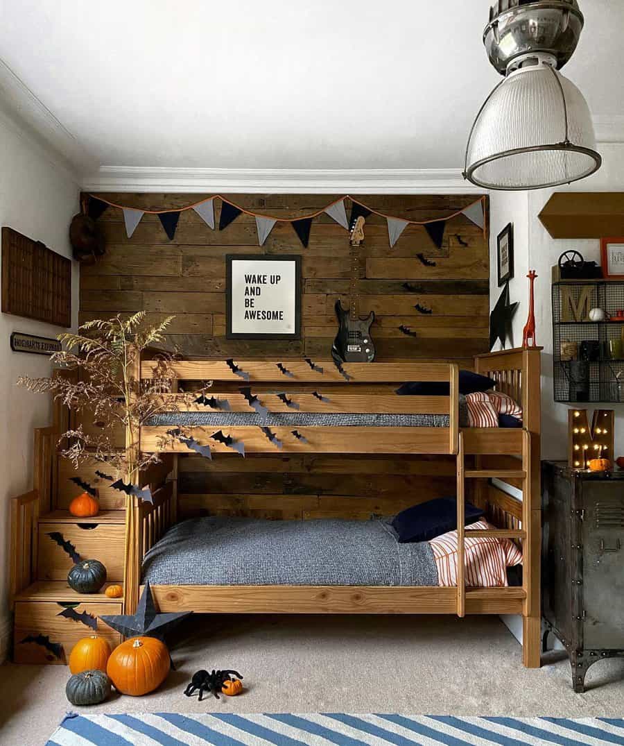 Kids bedroom with bunk bed and Halloween decor