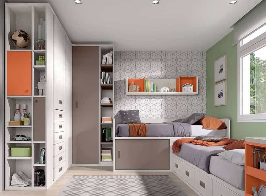 A stylish shared bedroom with built-in storage under beds, wall shelves, and a floor-to-ceiling wardrobe for a functional and modern design