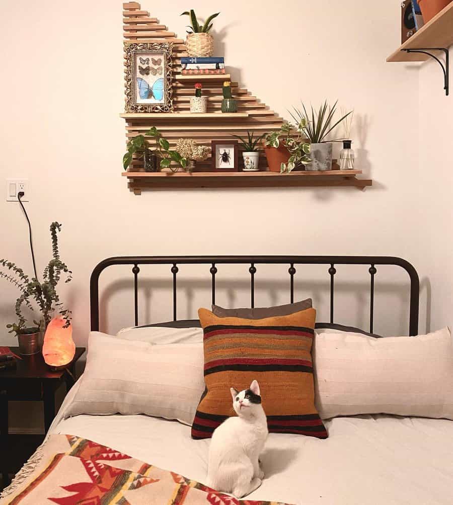 Overhead bedroom wall shelf with paneling detail