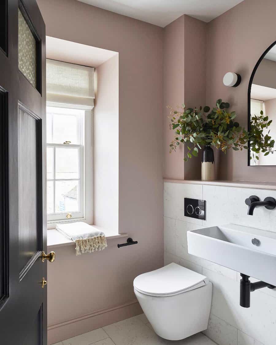 Contemporary bathrooms with soft pale pink walls