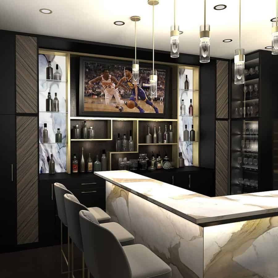 Luxury home bar with marble counters and sports art