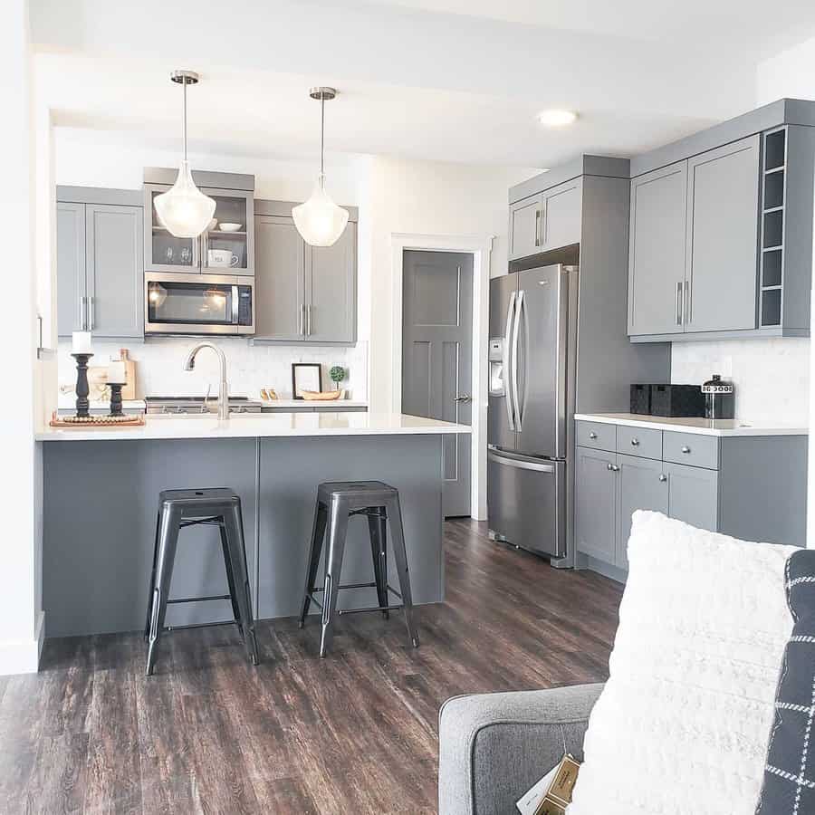 Gray kitchen with island and pendant lights