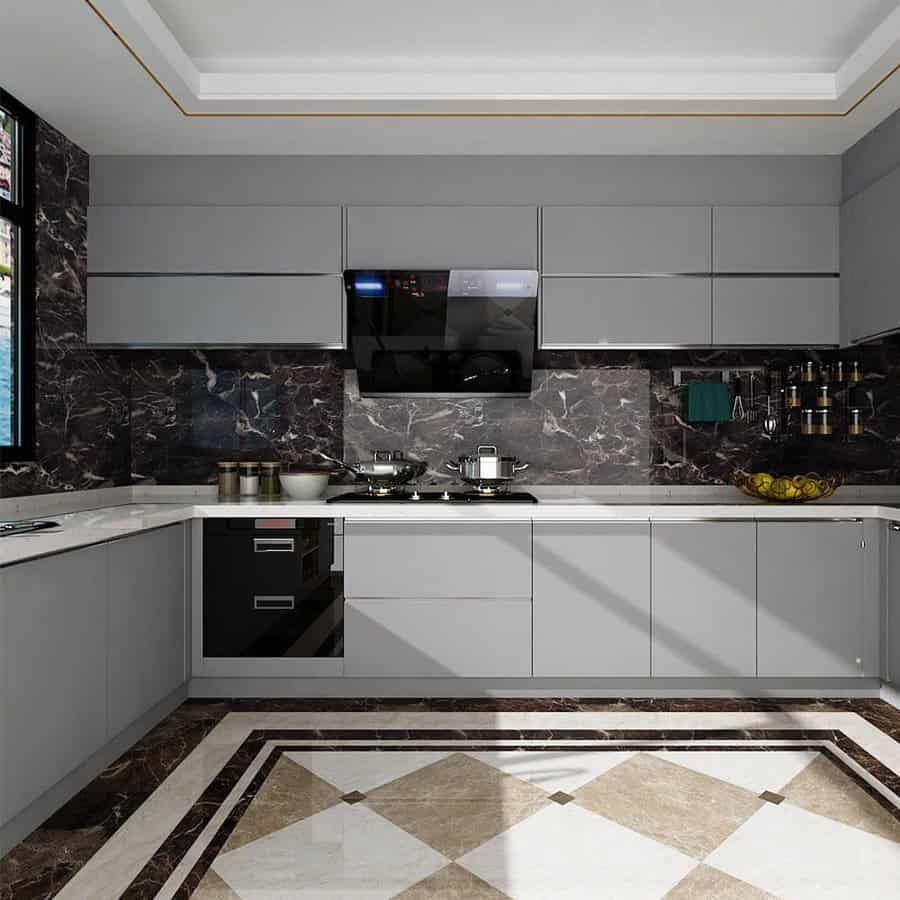 Modern kitchen with dark marble backsplash