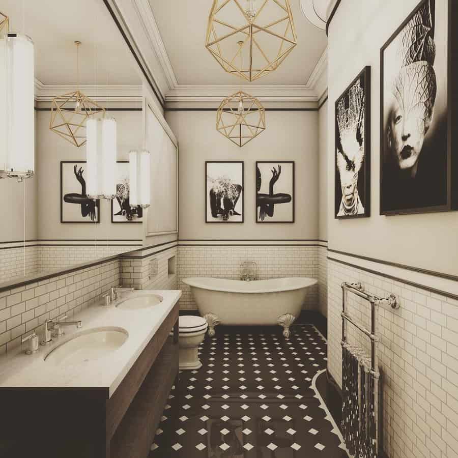 black and white wall art in bathroom
