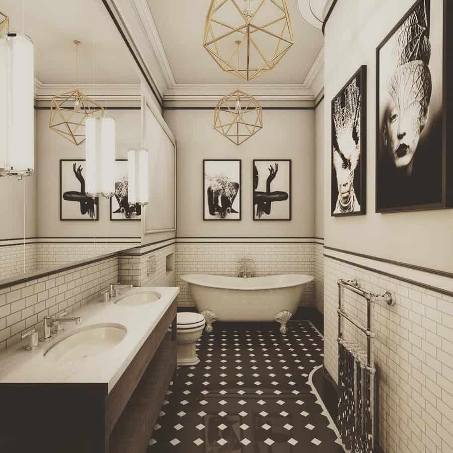 Black and white wall art in bathroom