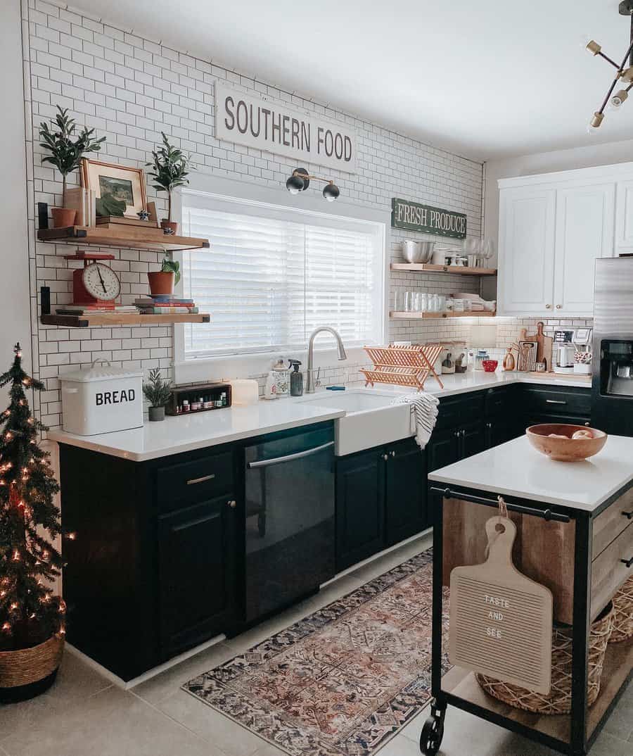 farmhouse kitchen with wordy wall art 