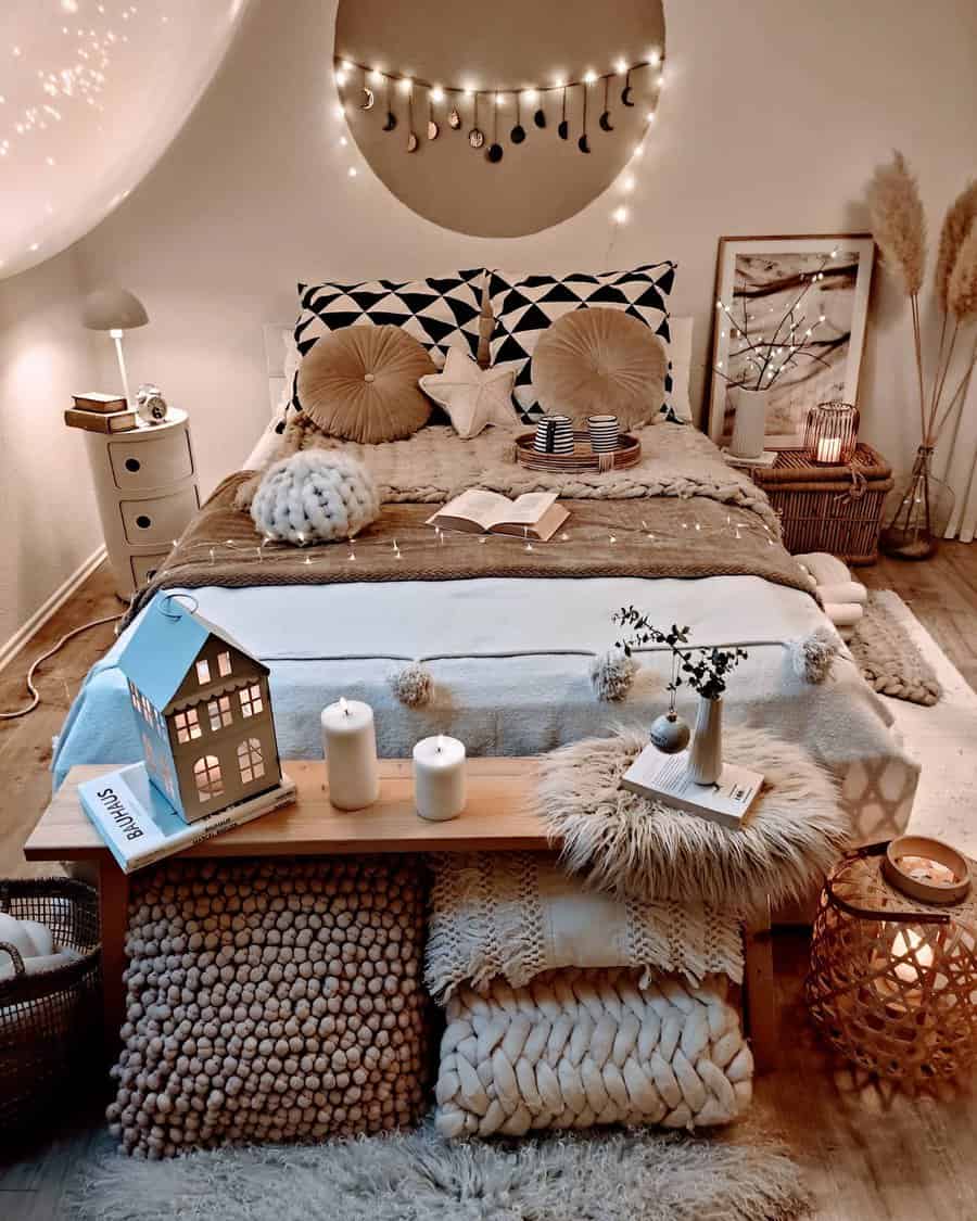 Cozy boho attic bedroom with warm lighting, soft textures, and earthy tones. String lights, plush pillows, and woven accents add charm.