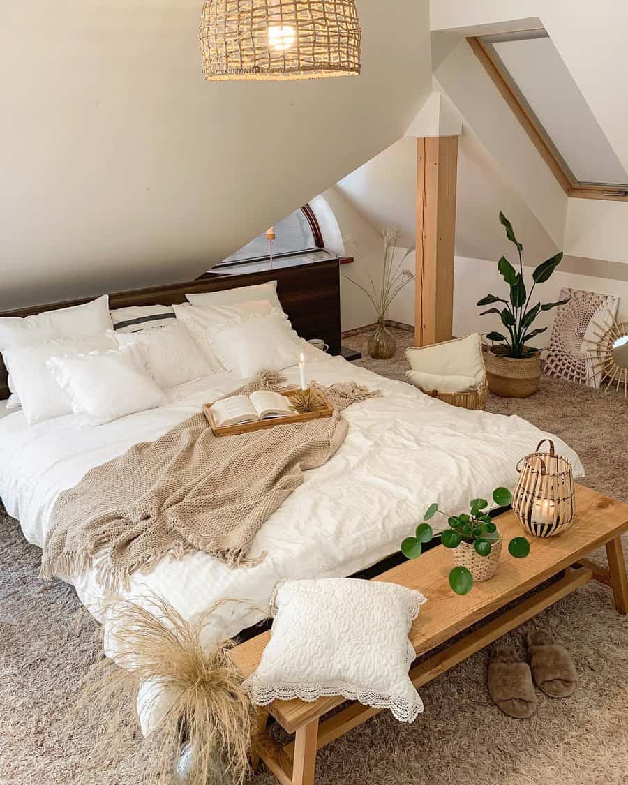 Cozy boho attic bedroom with soft neutrals, layered textures, and warm lighting. Natural elements and woven accents create a serene retreat.