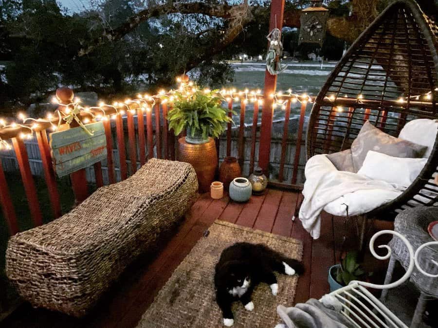 Cozy boho balcony with string lights, a hanging egg chair, woven bench, and a relaxed cat, creating a warm and inviting outdoor retreat