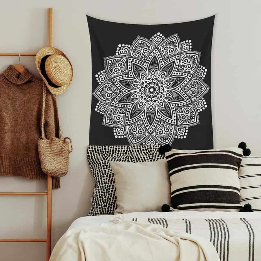 Dorm room with wall tapestry