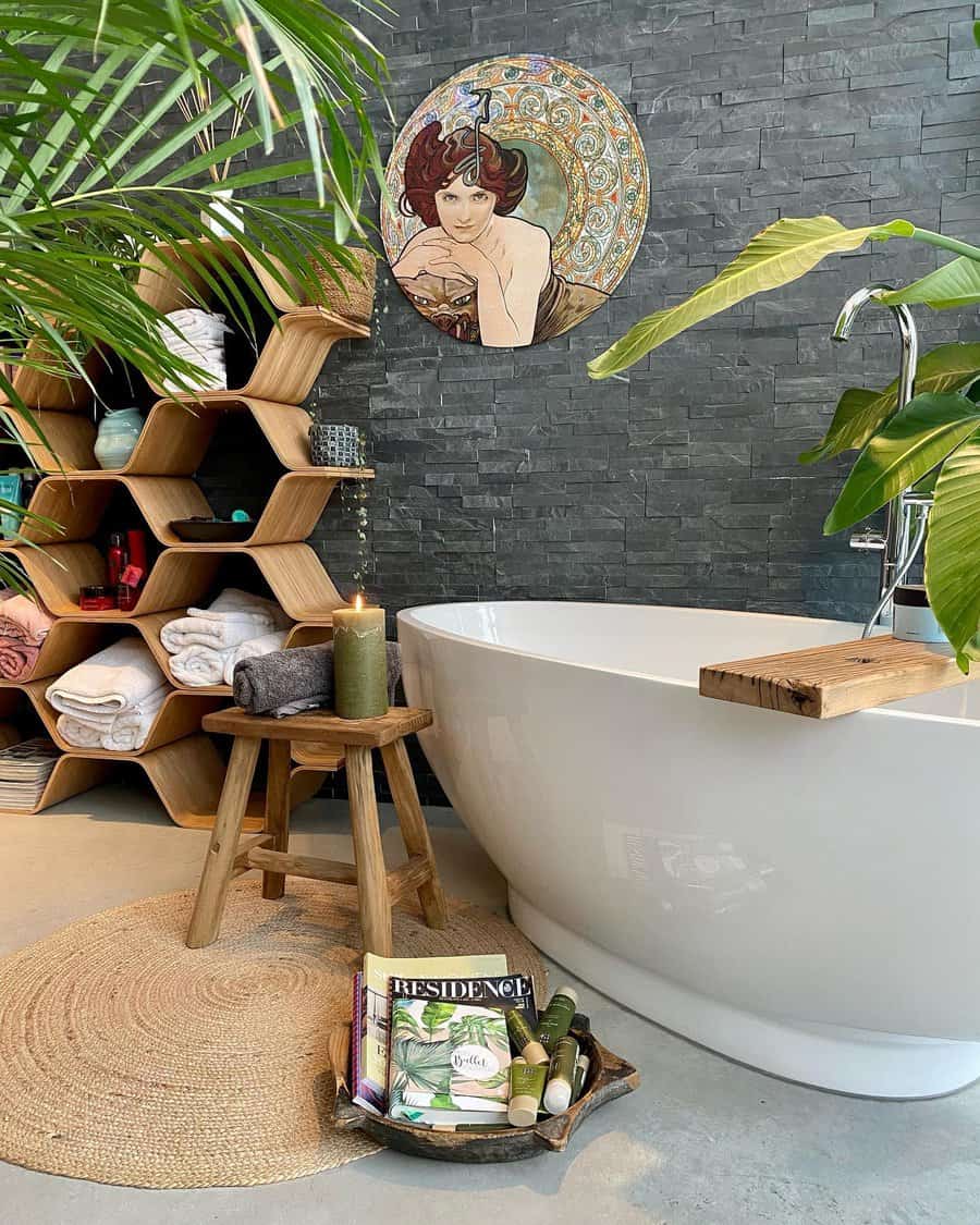 A soothing bathroom with a large tub and hexagonal wooden shelf