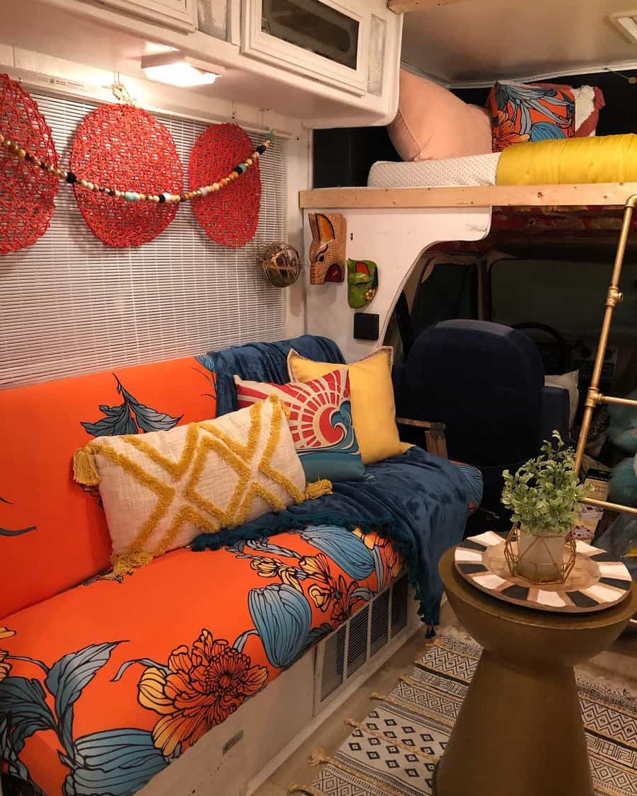 Vibrant RV living space with colorful cushions and eclectic decor