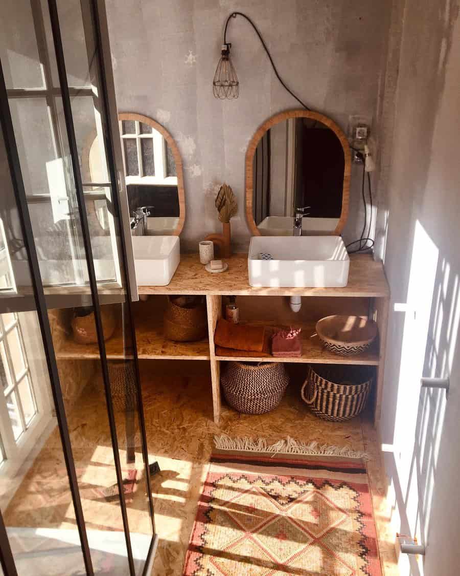 rustic bathroom with wicker baskets