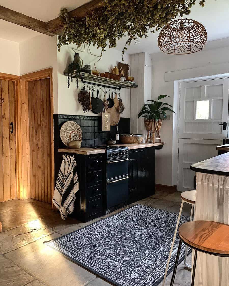 Rustic kitchen with rattan woven lamp shade 