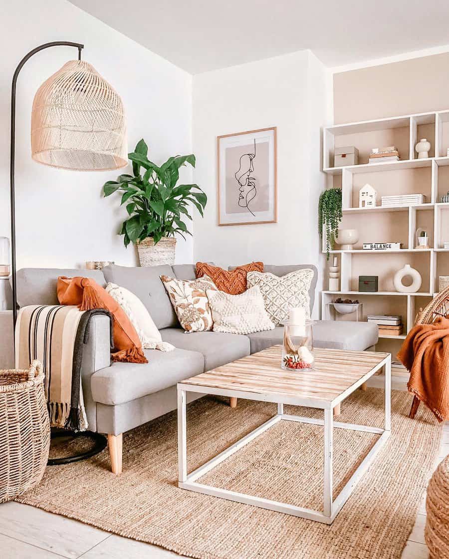 Chic boho living room with neutral tones and greenery