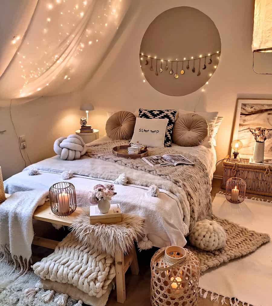 Cozy Boho Zen bedroom with warm lighting, soft textures, neutral tones, and layered blankets for a serene and inviting retreat