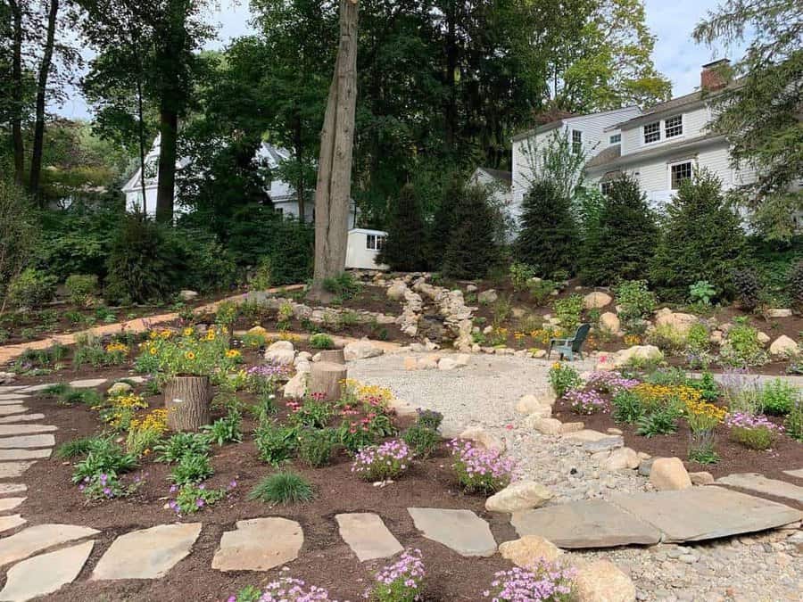 Garden hardscaping with stone pathways, flower beds, trees, and a serene backyard view featuring a white house and greenery